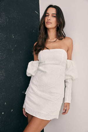 Orchid Off Shoulder White Linen Dress