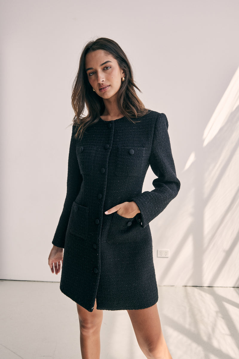 Grace Timeless Dress Coat In Classic Black with Shimmers