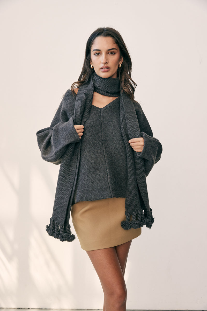 Georgie Heavy Duty Knit Top with Scarf in Dark Gray