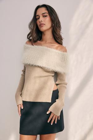 Giselle Off Shoulder Knit Top in Milk Tea Colour