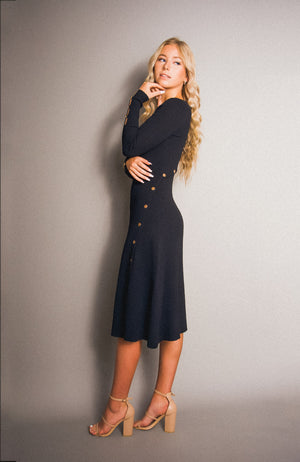 Celia Gold Button Knit Midi Dress